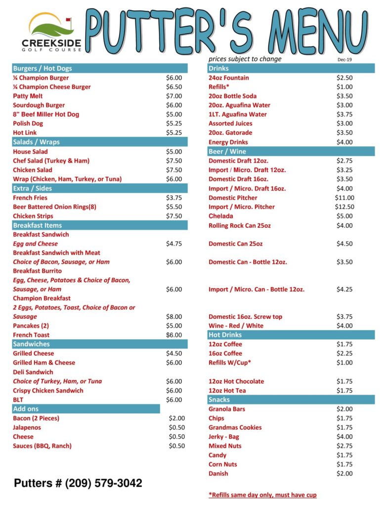 Putter's Menu Modesto Golf Courses